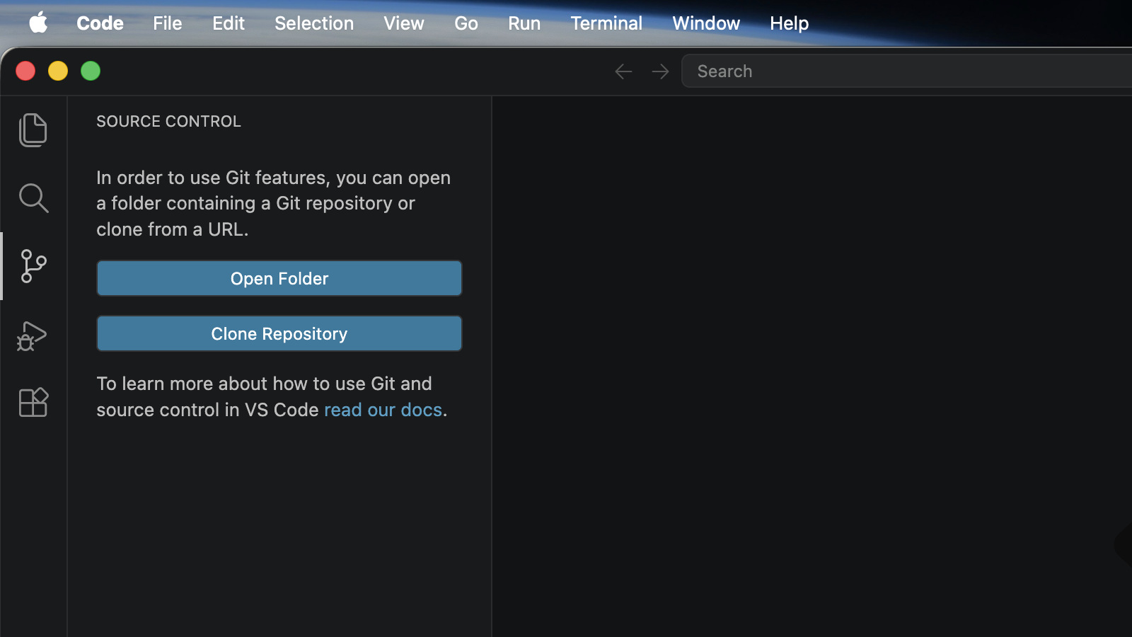 Visual Studio Code Source Control panel with Open Folder and Clone Repository buttons