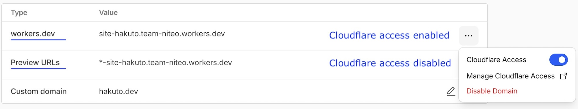 Cloudflare Domains & Routes settings showing workers.dev with Cloudflare Access enabled and Preview URLs with Cloudflare Access disabled